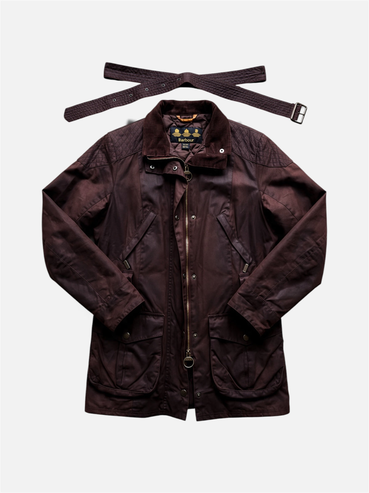 Giacca Barbour Donna Waxed Jacket con Cintura e Dettagli Trapuntati - Melanzana / Bordeaux (Taglia IT 40 / UK 8)