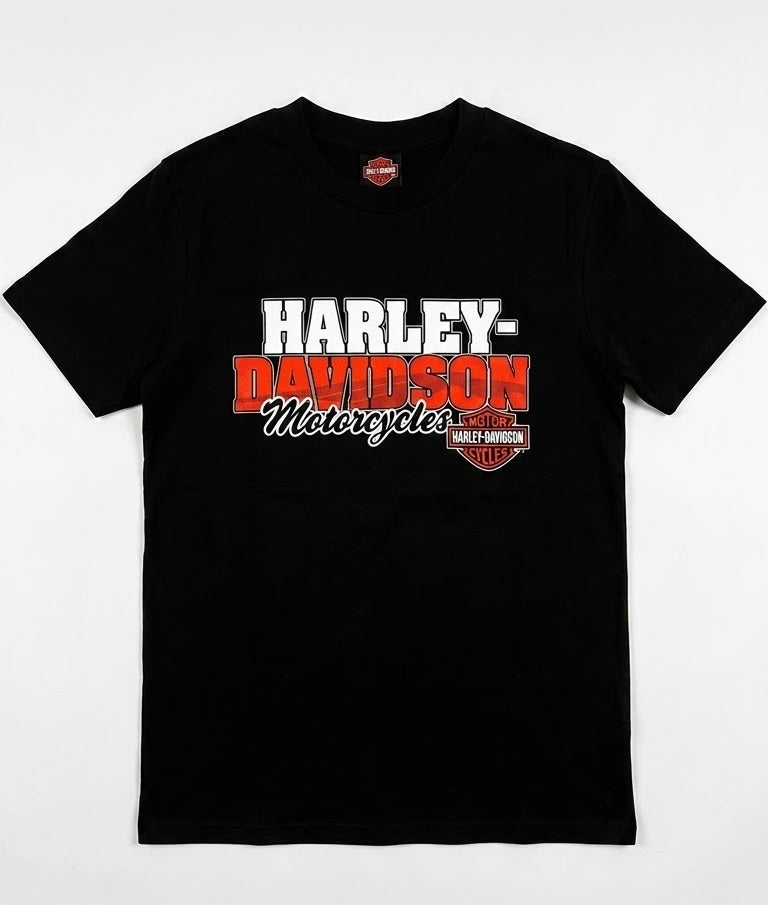 T-Shirt Harley-Davidson Motorcycles con Logo Bicolore e Scudetto - Nero (Taglia M)