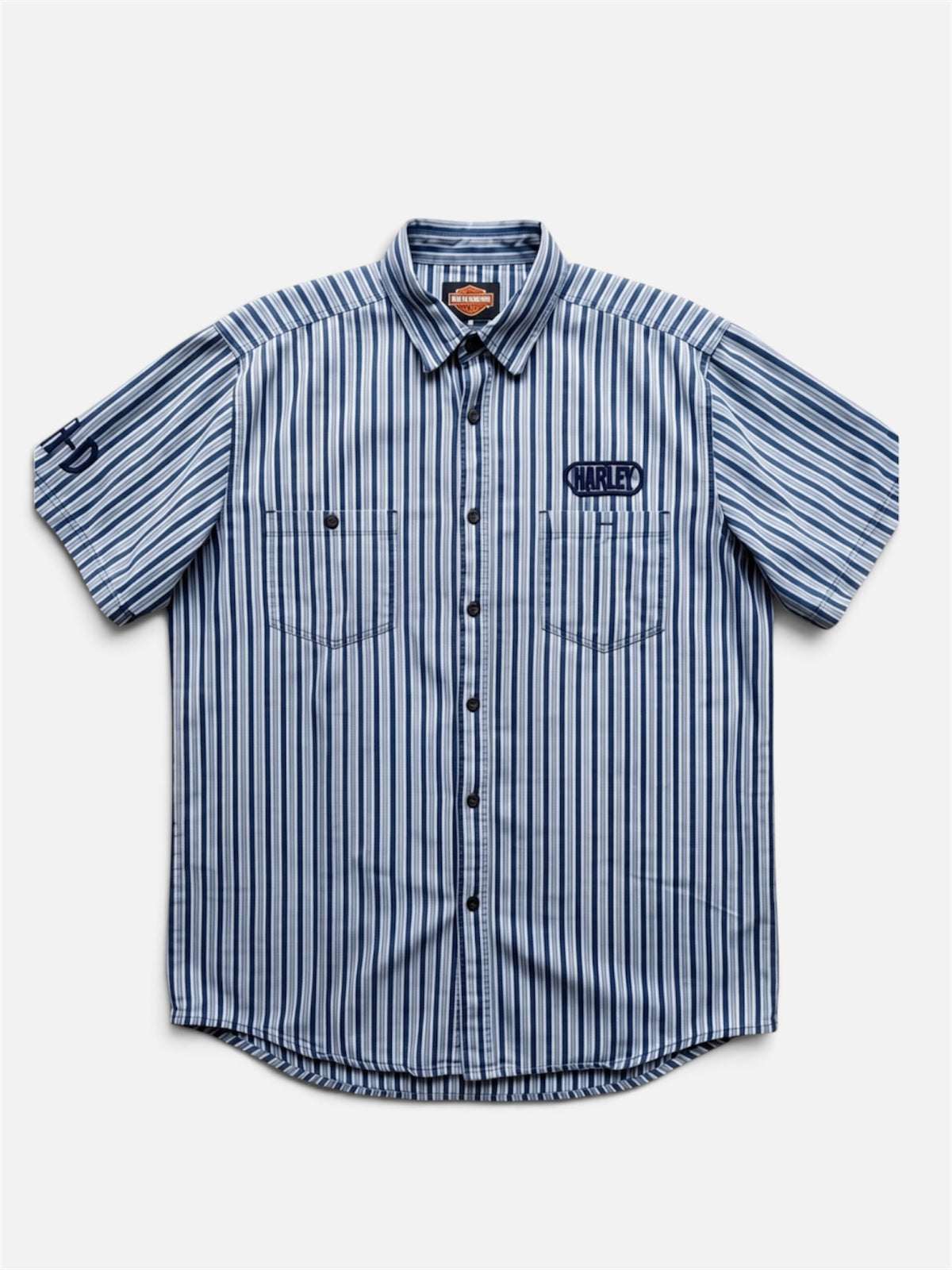 Camicia Harley-Davidson a Maniche Corte a Righe - Blu e Bianco (Taglia XL)